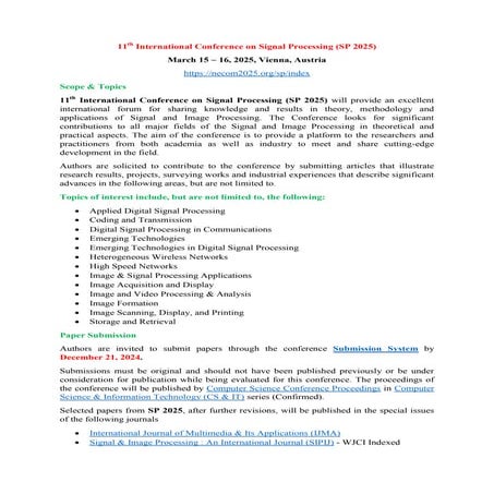 11th International Conference on Signal Processing (SP 2025)