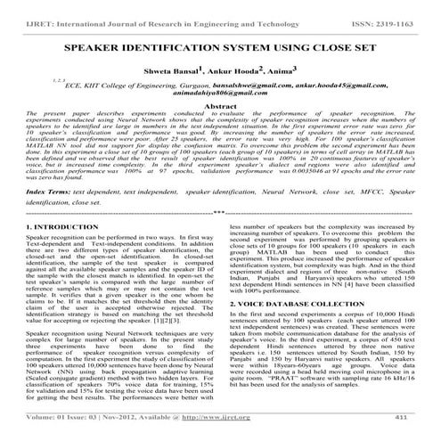 Speaker identification system using close set
