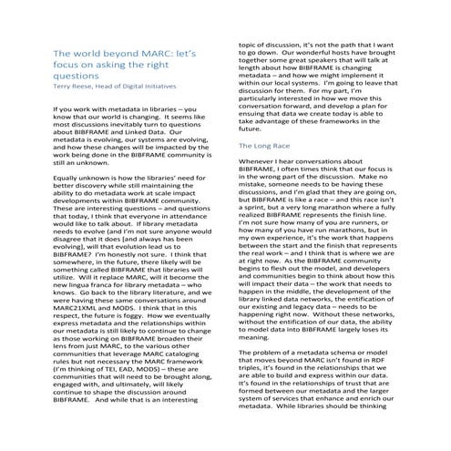 The world beyond MARC: let’s focus on asking the right questions