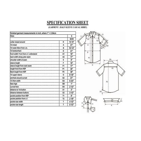 Spec Sheet of a casual shirt