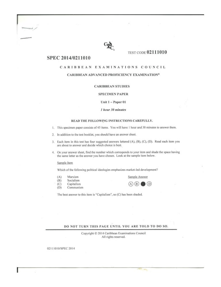 CAPE Caribbean Stu S 2014 Paper 1 Specimen