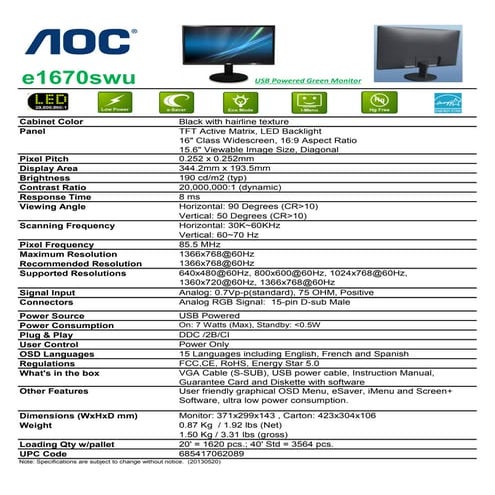 Monitor e1670swu Especificaciones