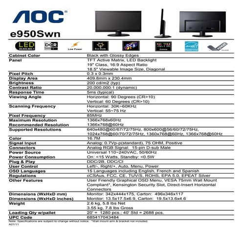 Monitor e950Swn Especificaciones