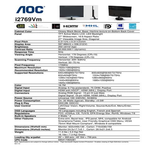 Monitor i2769vm Especificaciones