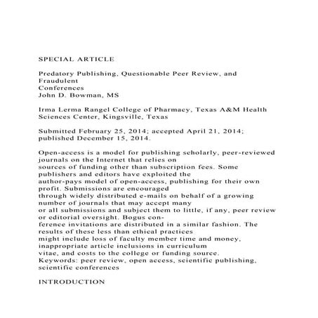 SPECIAL ARTICLEPredatory Publishing, Questionable Peer Rev.docx