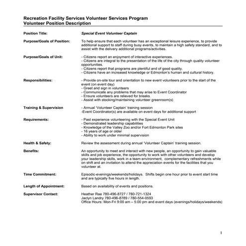 Position Description:  Special Event Volunteer Captain