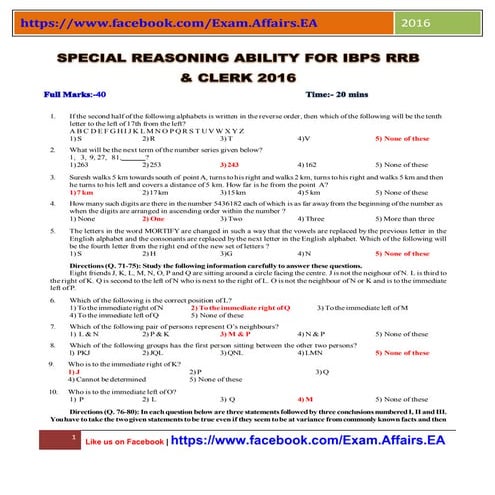 Special reasoning ability for ibps rrb & clerk 2016