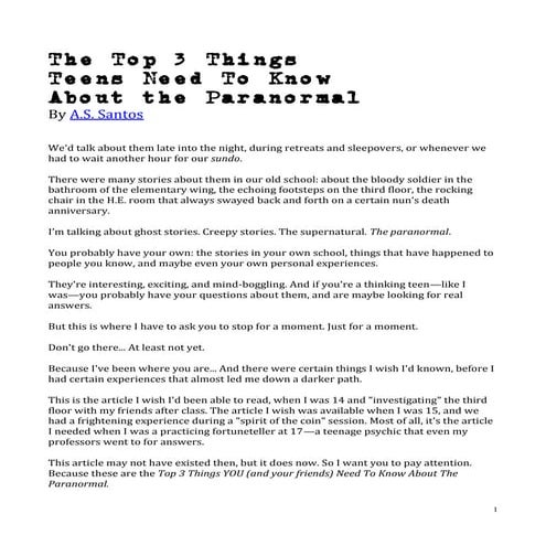 Top 3 Things Teens Need to Know About the Paranormal (Special Report)