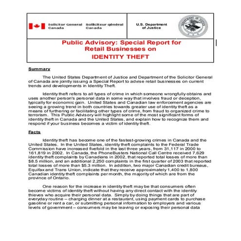 Special Report for Retail Businesses on IDENTITY THEFT - ca