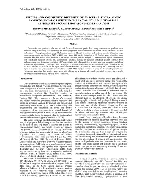 Species and Community Diversity of Vascular Flora along Environmental Gradient in Naran Valley: A Multivariate approach through Indicator Species Analysis