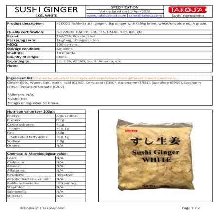 Specification 1kg-sushi-ginger-white-eu-takosa-food | PDF