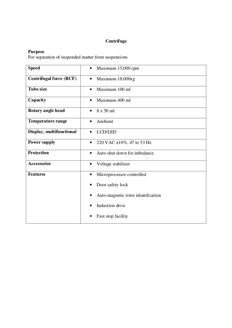 Specification centrifuge