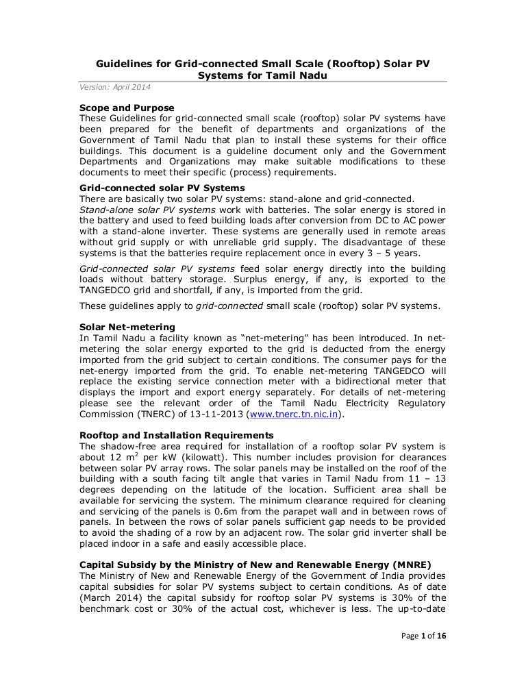 Guidelines For Grid Connected Small Scale Rooftop Solar Pv
