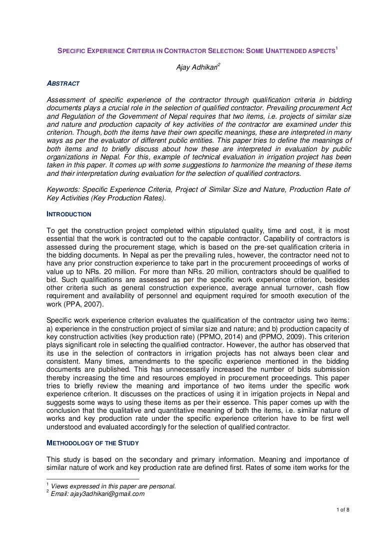 Specific experience criteria in contractor selection