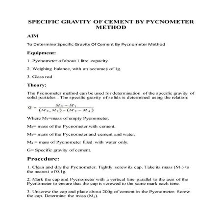 Specific gravity of cement by pycnometer method