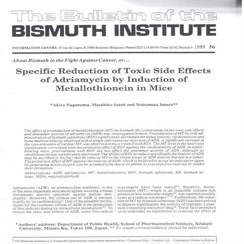Specific reduction of toxic side effectsof adriamycin by induction of metallo...