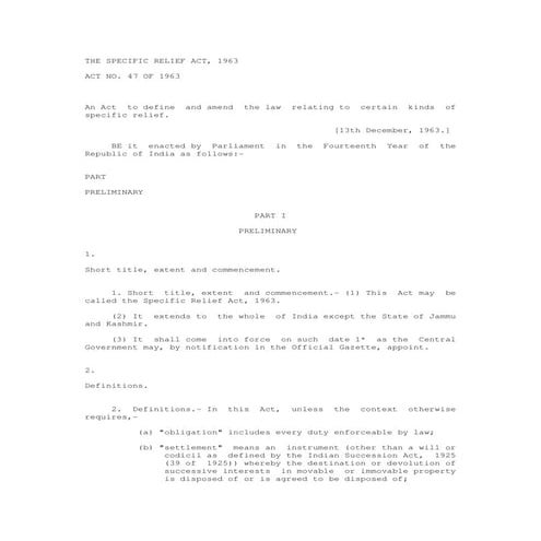 Bare Act- Specific Relief Act, 1963 | PDF