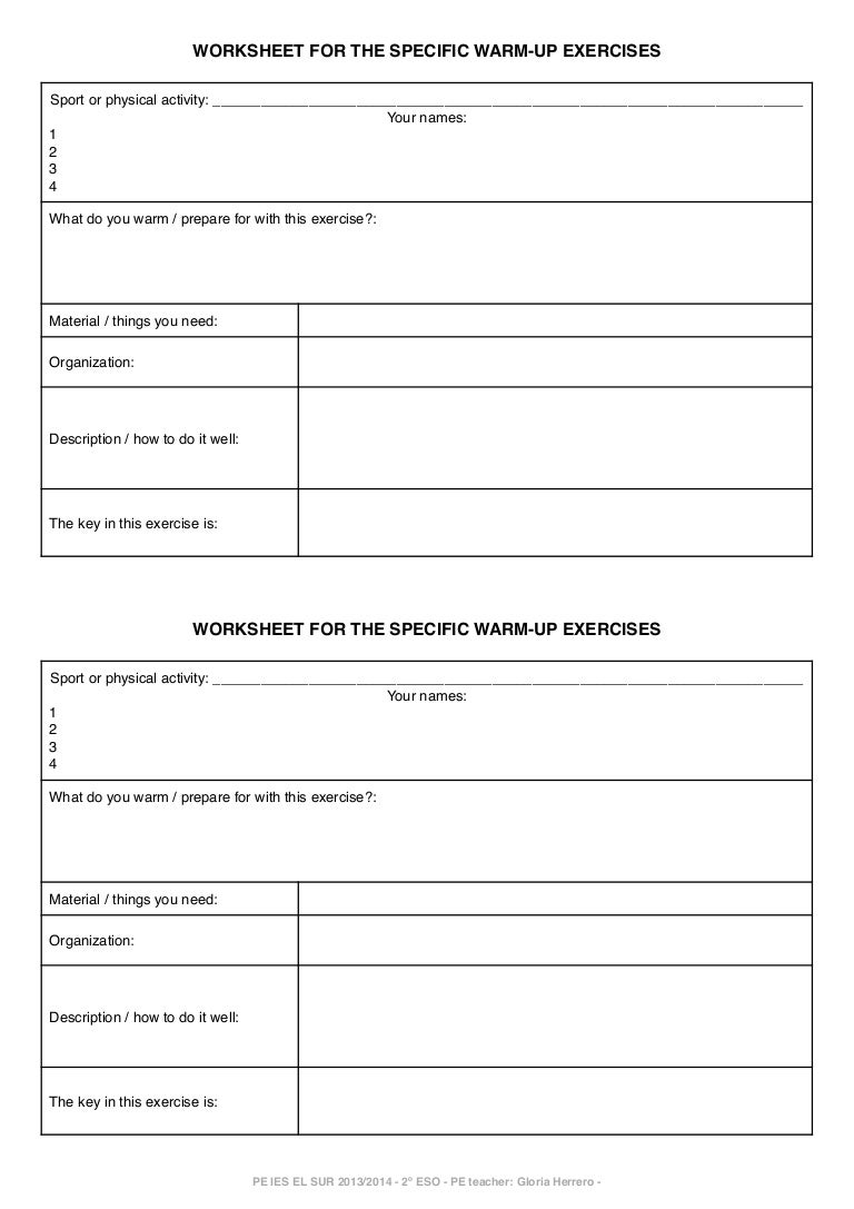 Specific warm up exercises worksheet