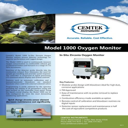 Spec sheet Cemtek Model 1000 Oxygen Monitor