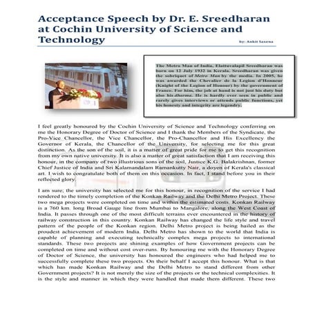 Speech by metro man of india (Dr. E. Sreedharan)