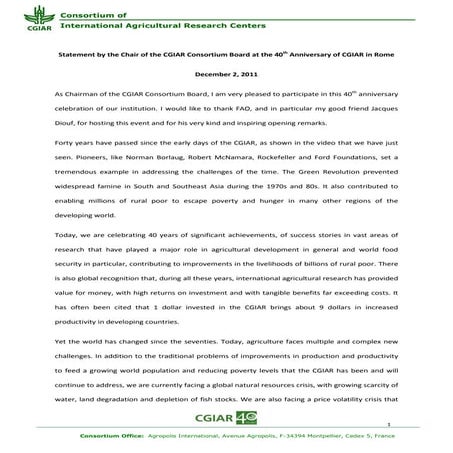 Statement by the Chair of the CGIAR Consortium Board at the 40th Anniversary ...