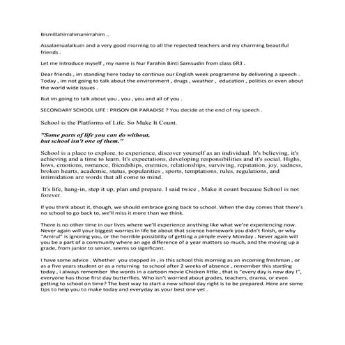 Secondary School Life, Prison or Paradise? (Public Speaking Text)