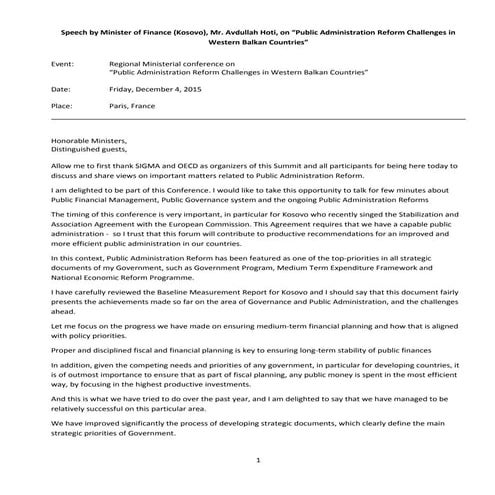 Speech by Minister of Finance (Kosovo), Mr. Avdullah Hoti, OECD-SIGMA Confere...