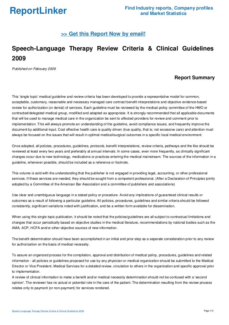 SpeechLanguage Therapy Review Criteria & Clinical Guidelines 2009