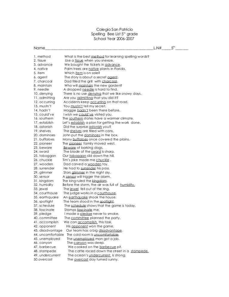 Spelling bee list 5th grade