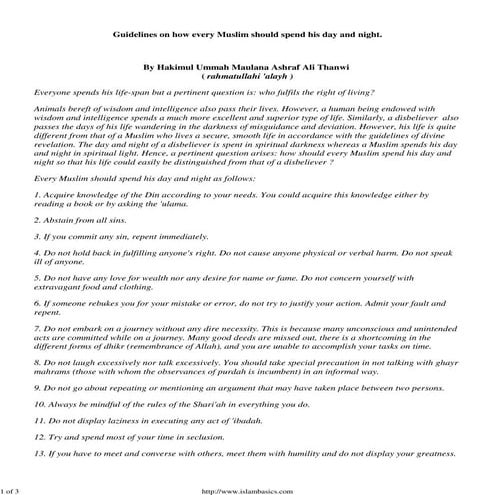 Guidelines on how every Muslim should spend his day and night