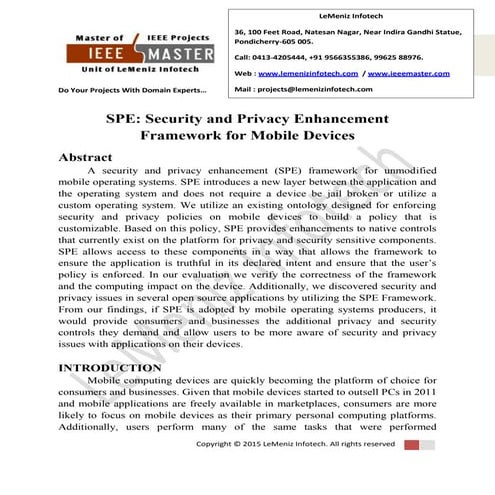 Spe security and privacy enhancement framework for mobile devices
