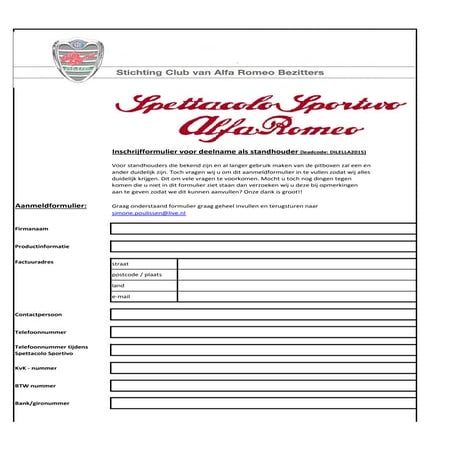 Spettacolo Sportivo 2015 - standhouders aanmeldformulier