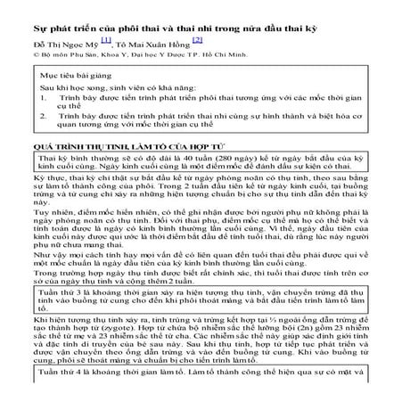 SỰ PHÁT TRIỄN CỦA PHÔI THAI VÀ THAI NHI TRONG NỬA ĐẦU THAI KỲ