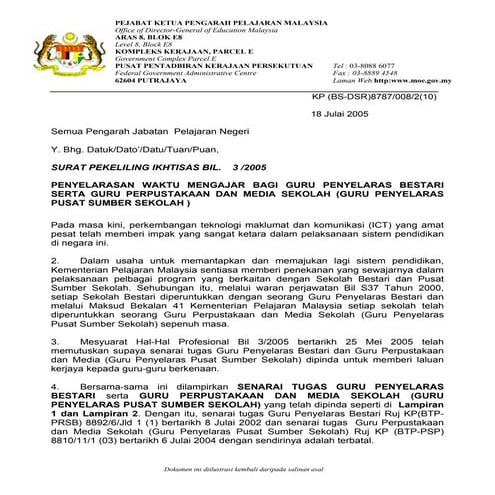 Surat Pekeliling SPI Bil 3 2005 Penyelarasan Waktu Mengajar bagi Guru Penyela...