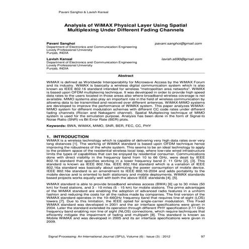Analysis of WiMAX Physical Layer Using Spatial Multiplexing Under Different F...
