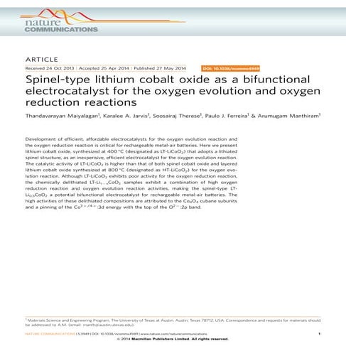 Spinel type lithium cobalt oxide as a bifunctional electrocatalyst for oxygen...