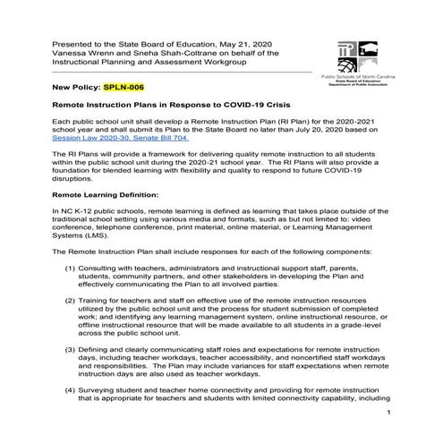 SBE remote instruction plan guidelines