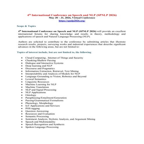 4th International Conference on Speech and NLP (SPNLP 2026) | PDF