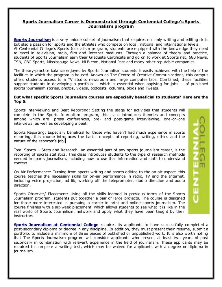 Sports journalism career is demonstrated through centennial college’s…