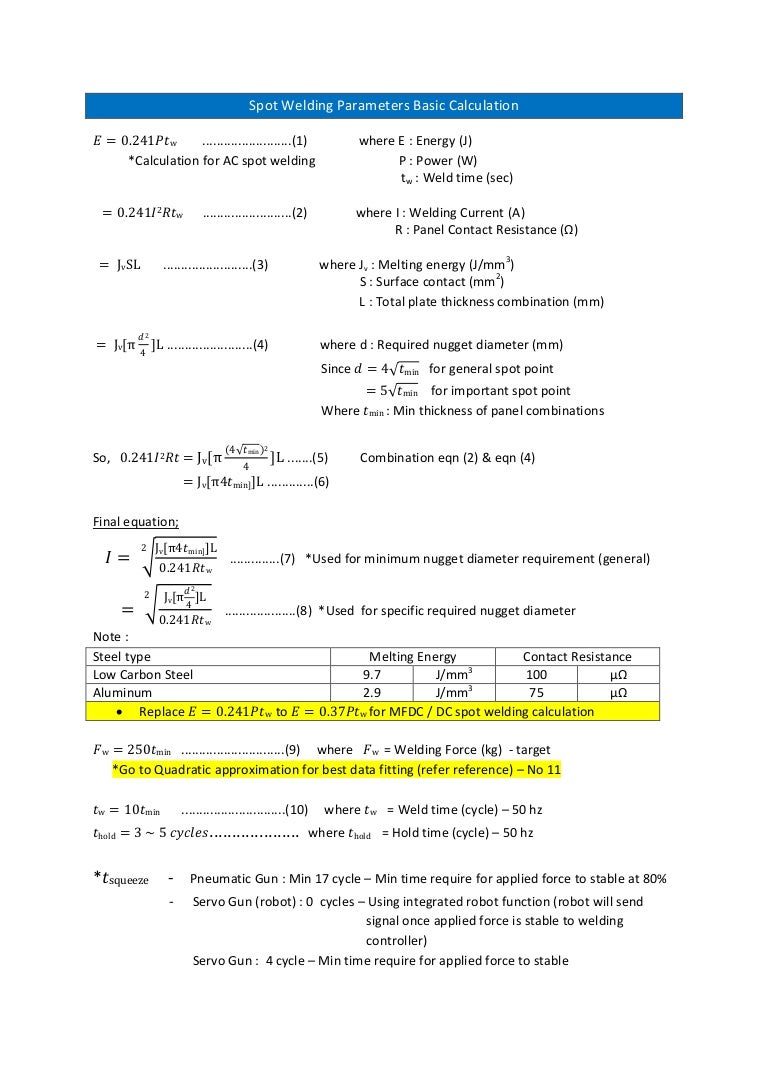 Spot Welding Basic Parameters Setting Basic Calculations Equatio