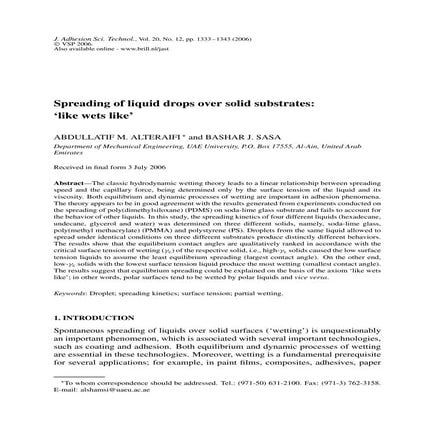 Spreading of liquid drops over solid substrates like wets like- Eng.Bashar Sasa