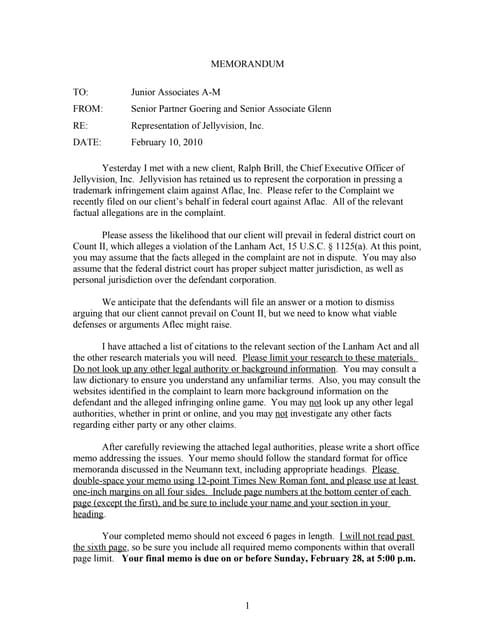 Spring 2010 closed memo assignment   jellyvision v. aflac lanham act trademar...