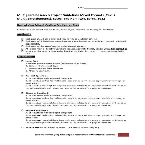 Multigenre Research Project Guidelines Mixed Formats (Text + Multigenre Eleme...