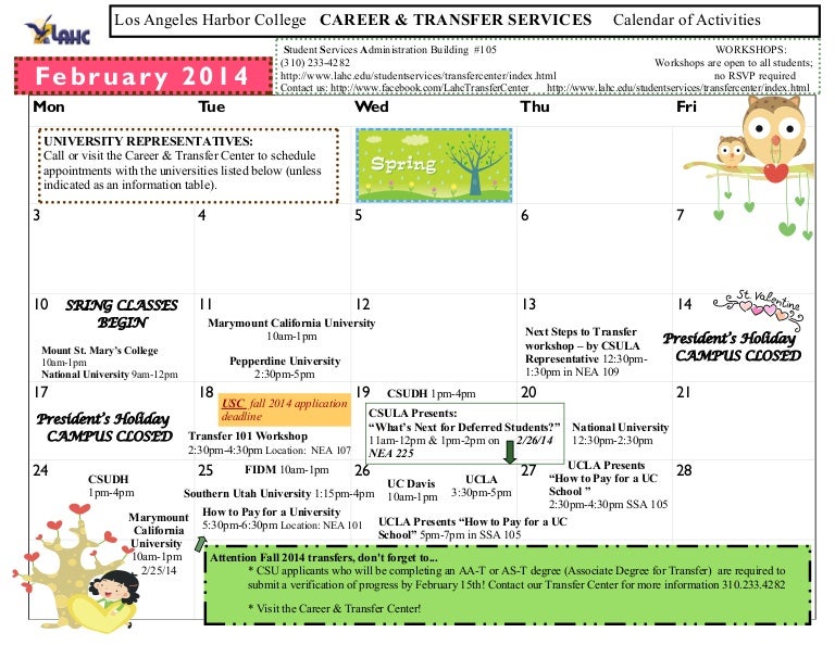Spring 2014 LAHC Career Transfer Center Calendar