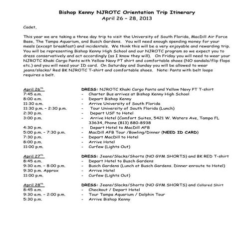 Bishop Kenny NJROTC Spring Trip Instructions for the Cadets