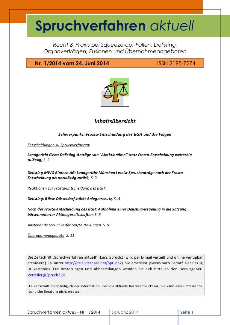Spruchverfahren aktuell (SpruchZ) Nr. 1/2014 (Frosta-ntscheidung und… ^ Spruchverfahren aktuell (SpruchZ) Nr. 1/2014 (Frosta-ntscheidung und…