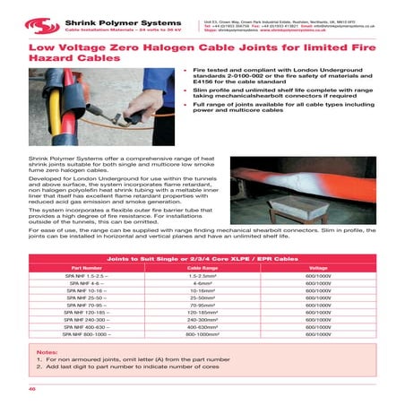 SPS Low Voltage Zero Halogen Cable Joints For Limited Fire Hazard Cables - SP...