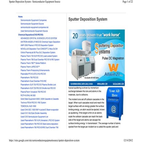 Sputtering deposition semiconductor equipment