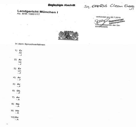 LG München I, Beschluss zum Squeeze-out bei der CHORUS Clean Energy AG