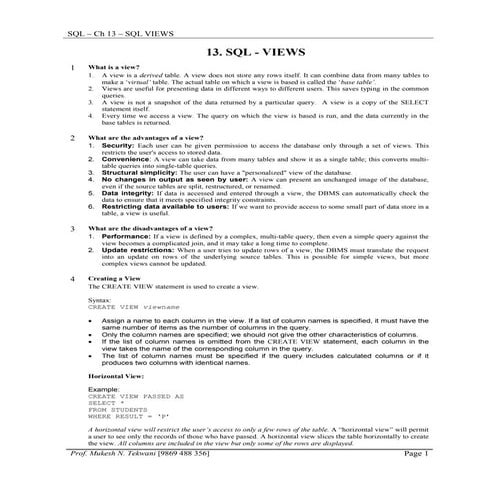 Sql ch 13 - sql-views | PDF